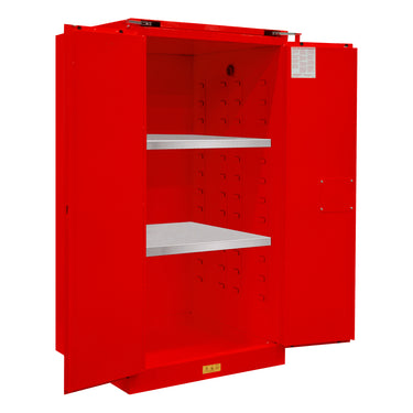 FM Approved, Flammable Storage Cabinet, 60 Gallon, 2 Doors, Self Close, 2 Shelves, Red